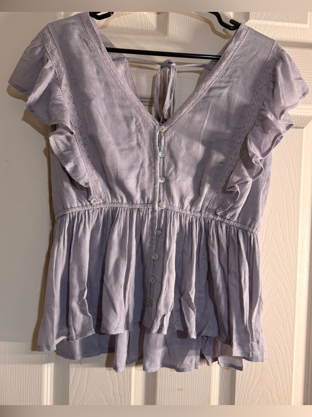 In Loom Boho Ruffle Peplum Babydoll Blouse Button Front Tie Back Top S